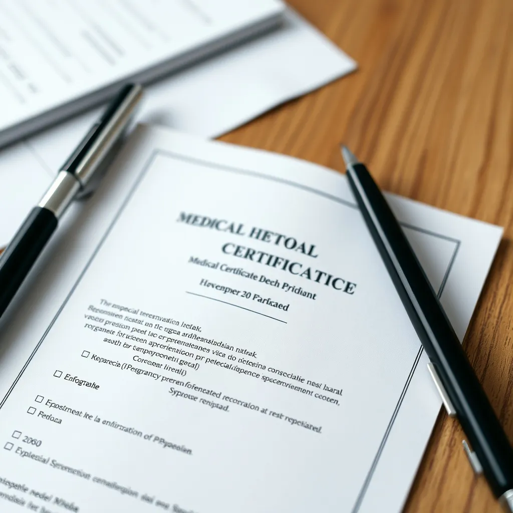 A close-up of a medical certificate on a wooden table, profe