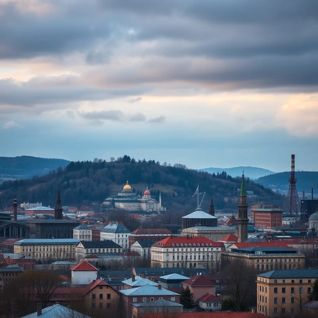 A wide cinematic shot of Miskolc city landscape with the Ava