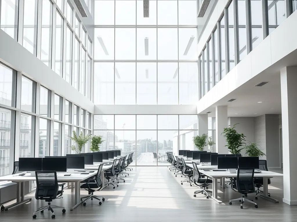 A modern office interior in Hungary with large windows, doku