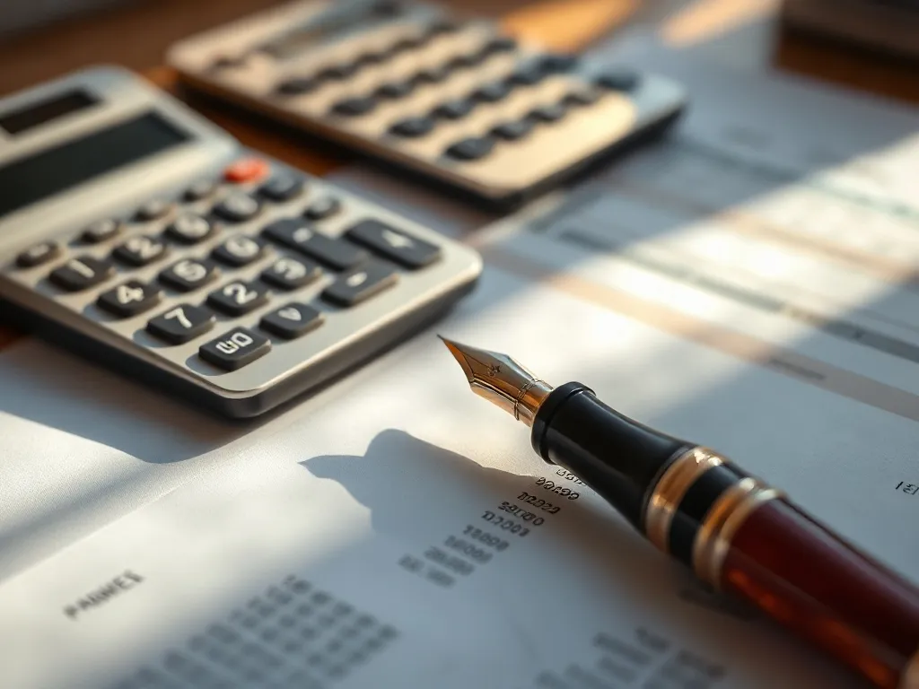 A detailed technical close-up of a calculator, a fountain pe